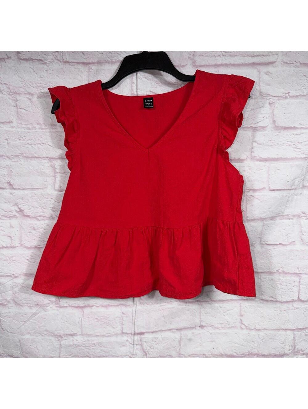 SHEIN Women’s Red Peplum Blouse Size Small Flutter Sleeve Top